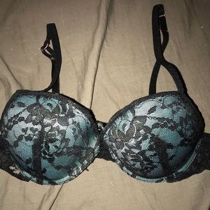 Blue and black lace bra
